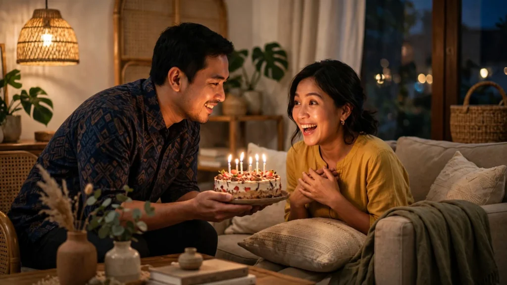 Kejutan ucapan ulang tahun untuk istri dengan kue lilin di rumah