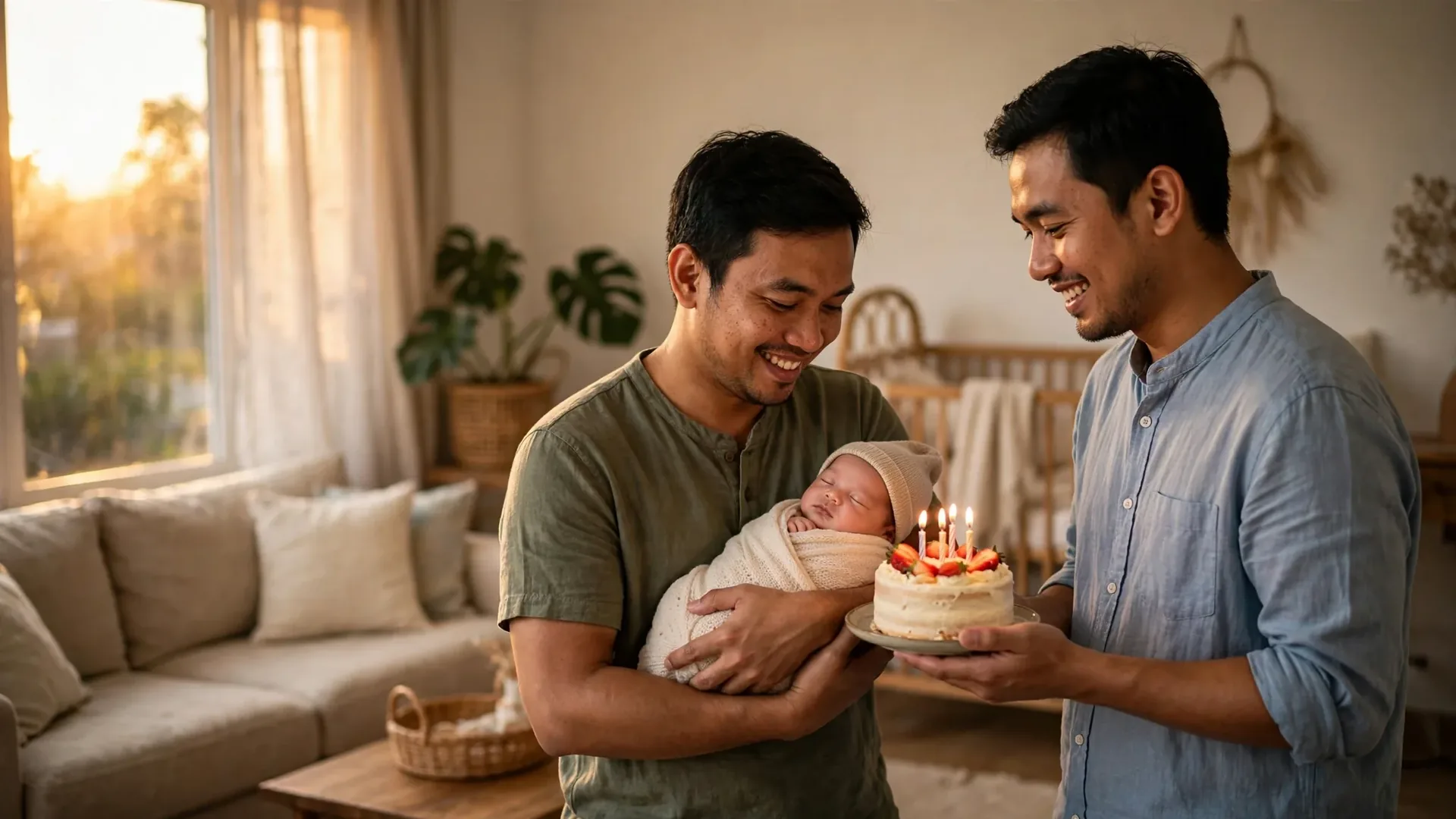 Adik yang baru jadi ayah menggendong bayinya sambil menerima kue ulang tahun