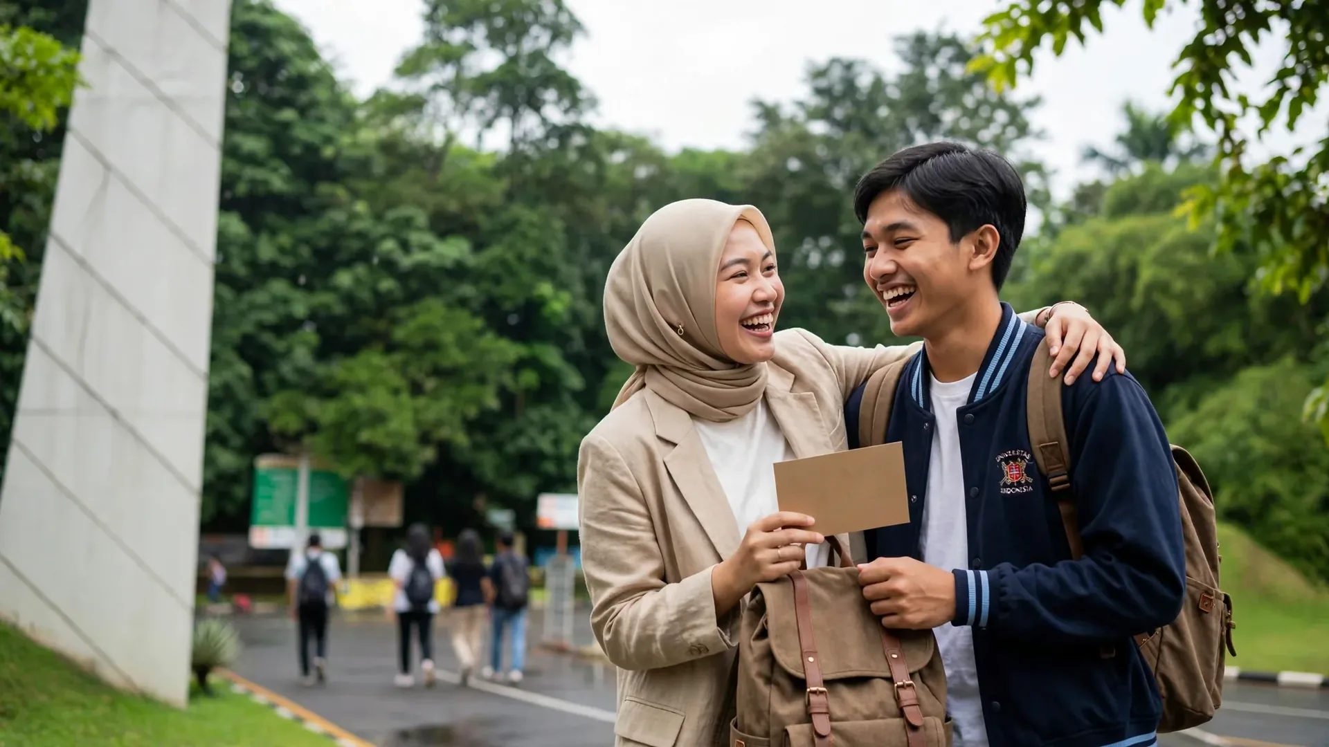 Kakak memberikan tas dan kartu ucapan kepada adik yang baru masuk kuliah