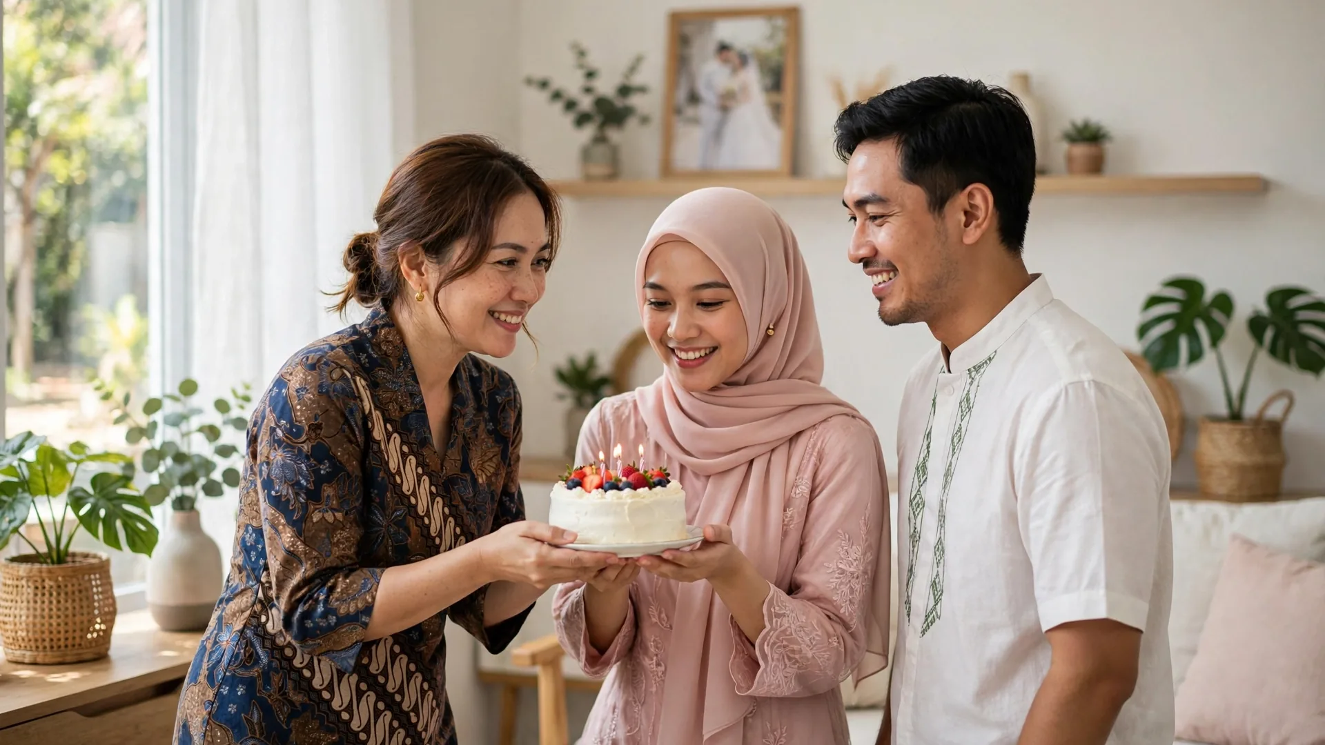 Kakak memberikan kue ulang tahun kepada adik yang baru menikah di rumahnya