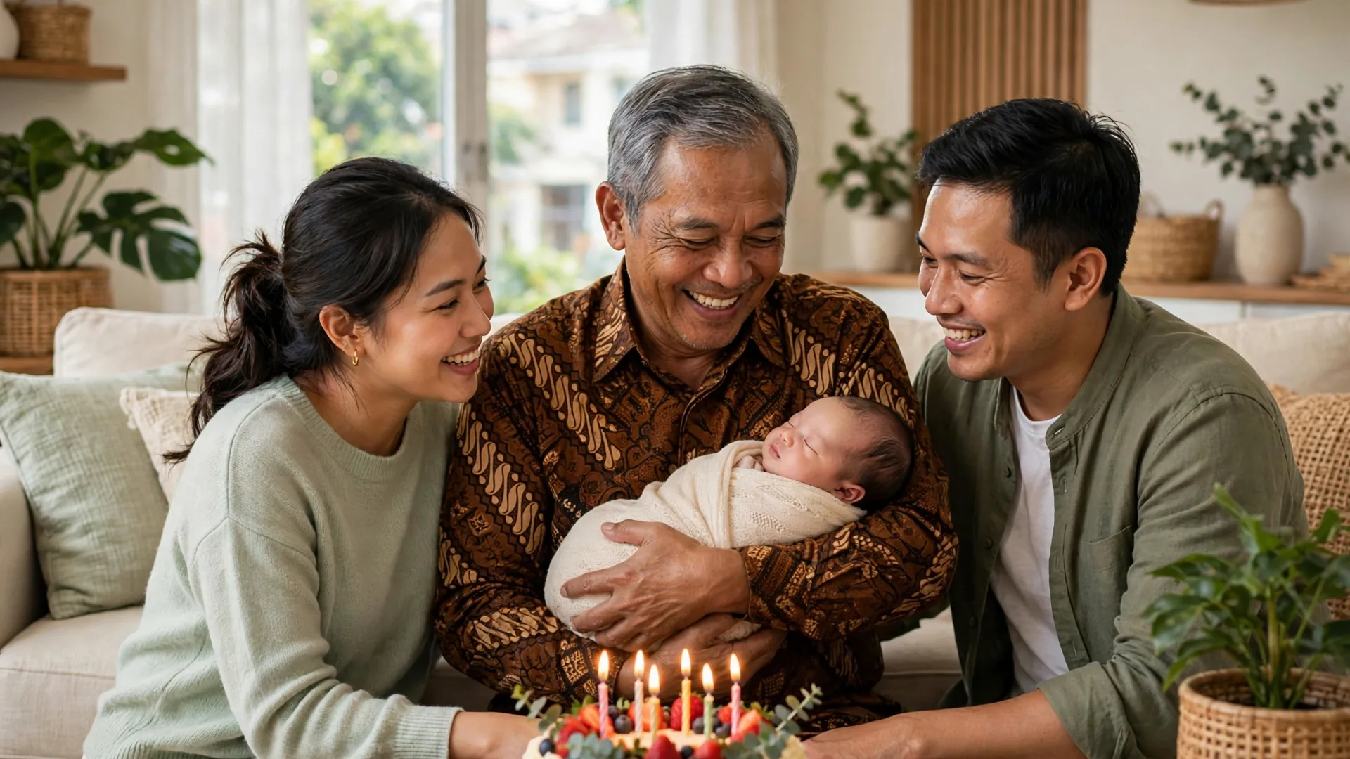 Ayah yang baru jadi kakek menggendong cucunya dengan bahagia di hari ulang tahun