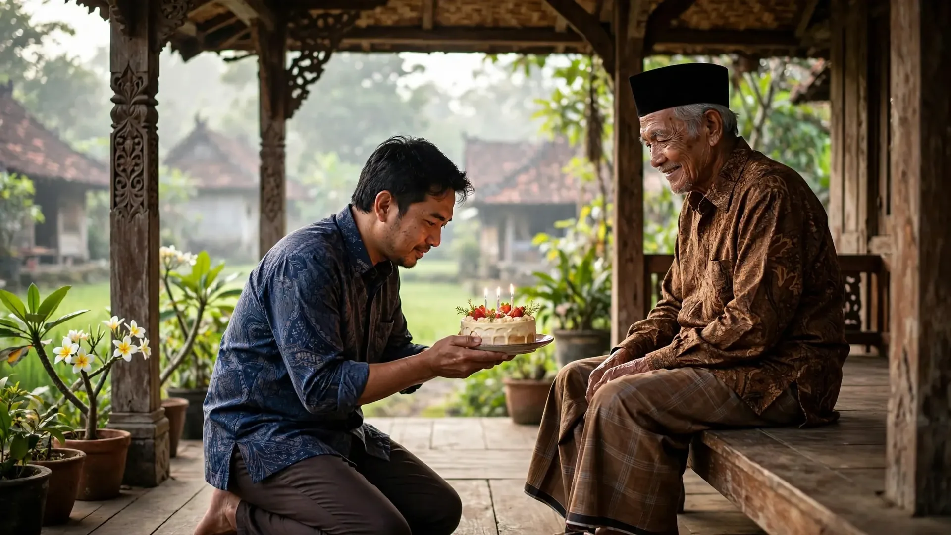 Anak berbakti menyajikan kue ulang tahun kepada ayah sepuh di veranda rumah