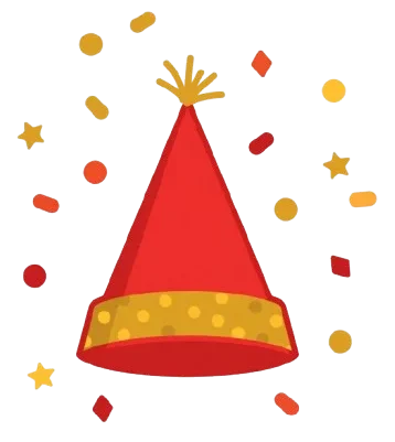 topi pesta merah dengan hiasan emas dan confetti warna-warni