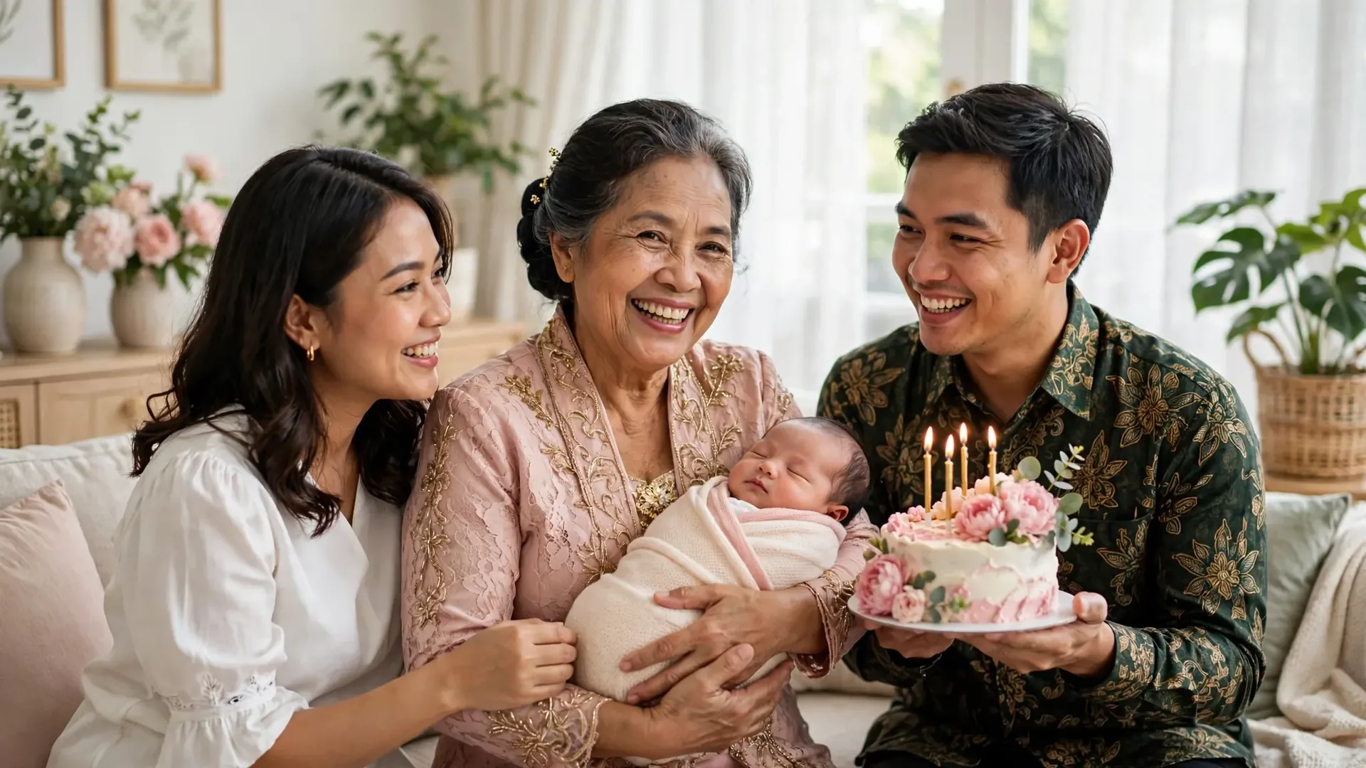 Ibu yang baru jadi nenek menggendong cucunya dengan bahagia di hari ulang tahun