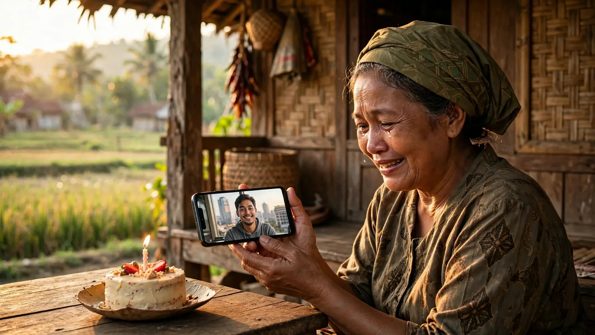 Ibu di kampung menerima video call ucapan selamat dari anaknya sambil menatap kue ulang tahun