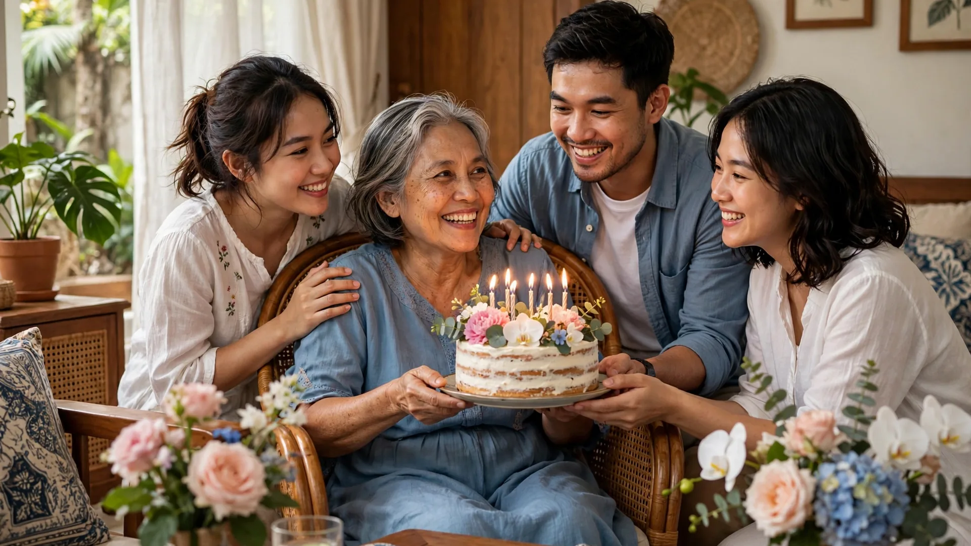 Ibu yang baru sembuh merayakan ulang tahun bersama anak-anaknya dengan kue dan bunga