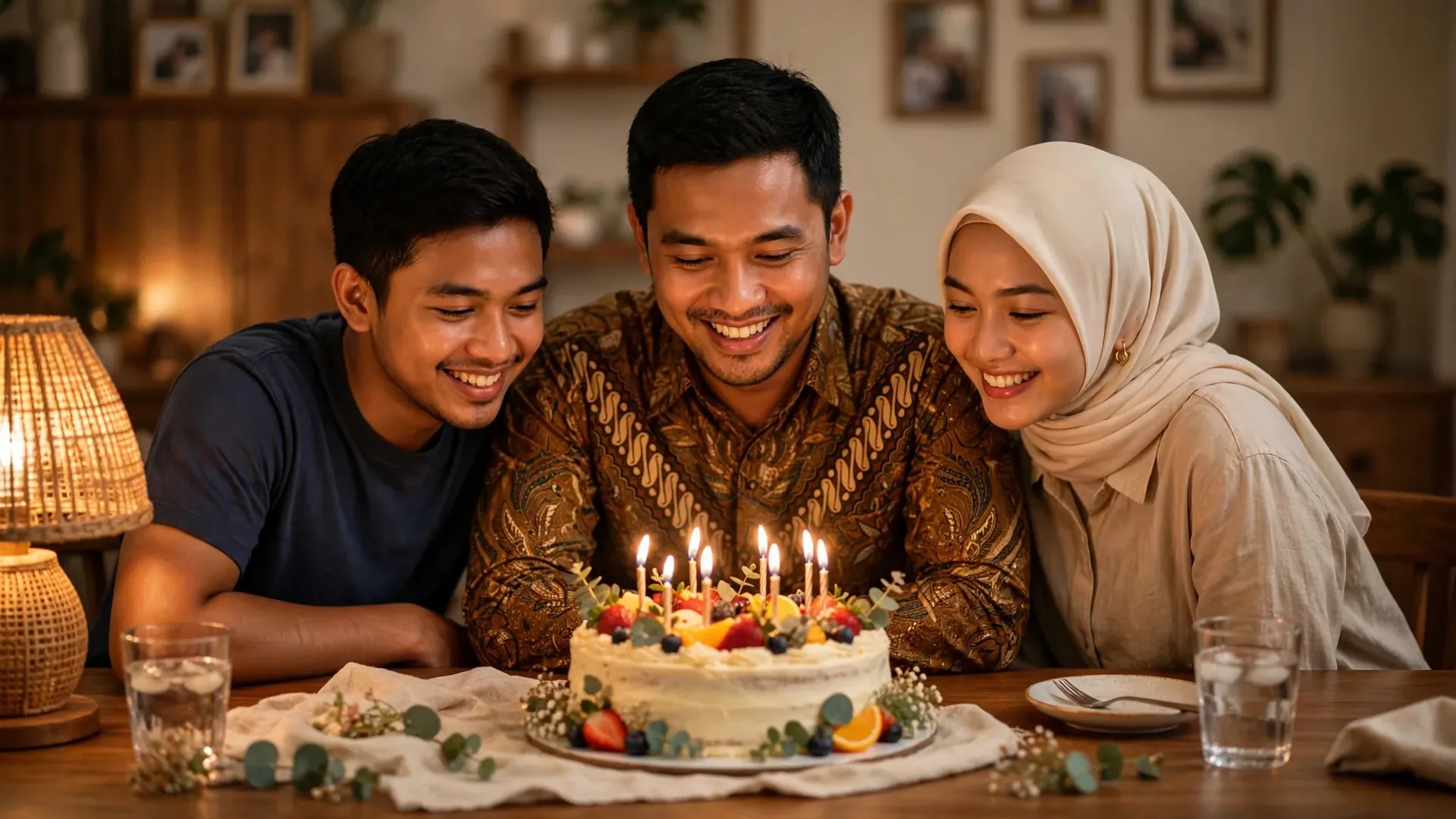 Kakak sulung merayakan ulang tahun bersama adik-adiknya dengan kue di rumah