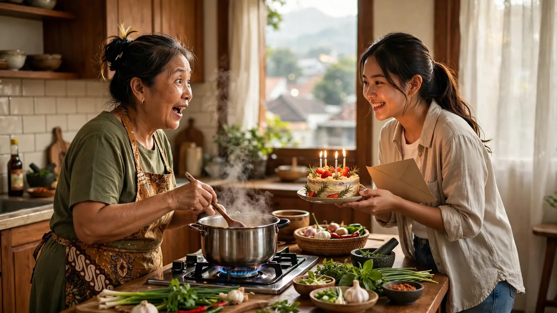 Kartu ucapan ulang tahun untuk ibu yang diberikan anaknya saat sedang memasak di dapur