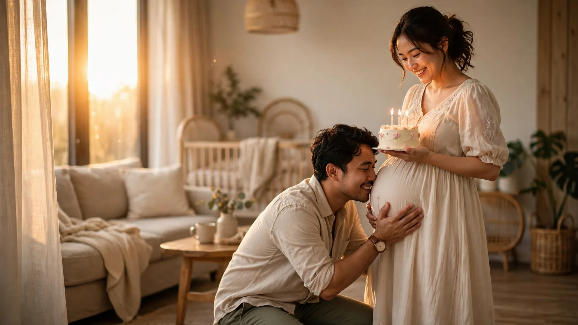 Kartu ucapan ulang tahun untuk istri yang sedang hamil dengan suami yang mencium perutnya