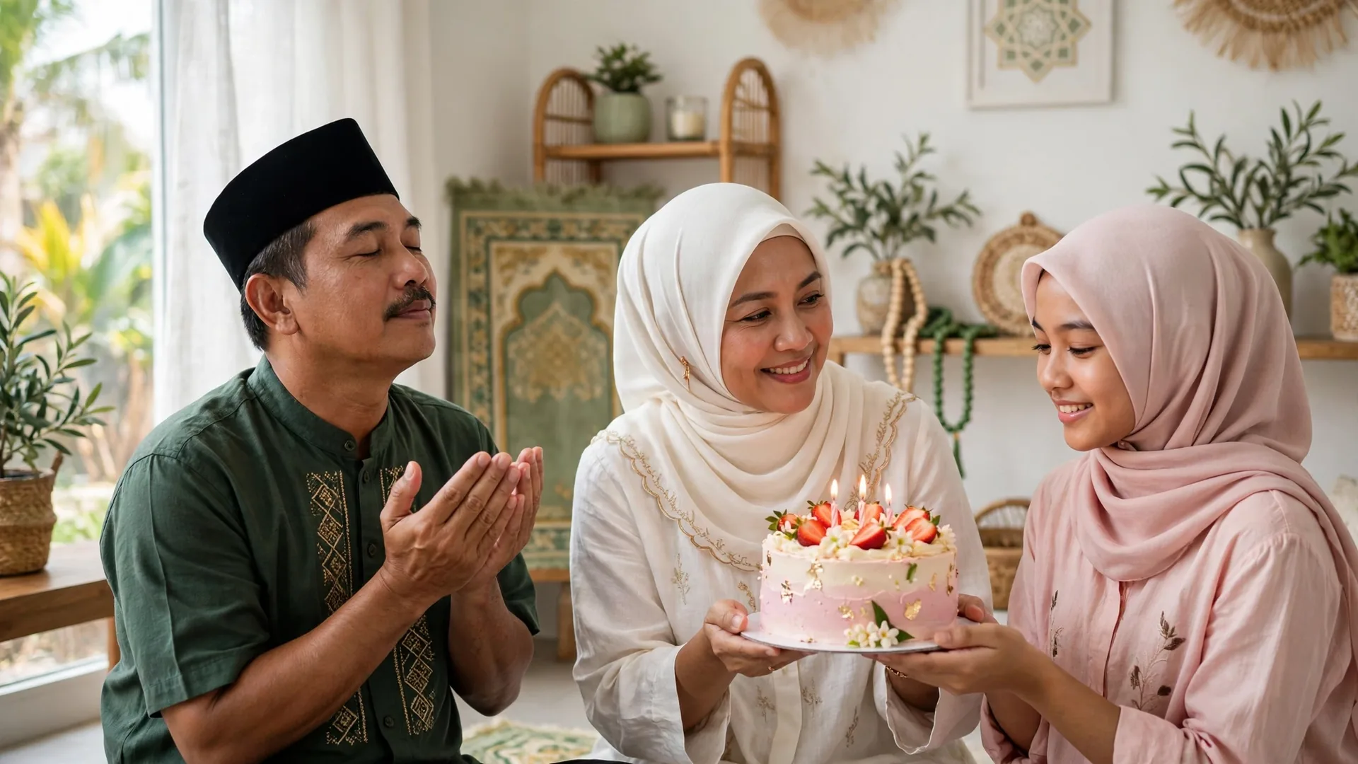 Keluarga muslim merayakan ulang tahun dengan doa bersama yang khusyuk