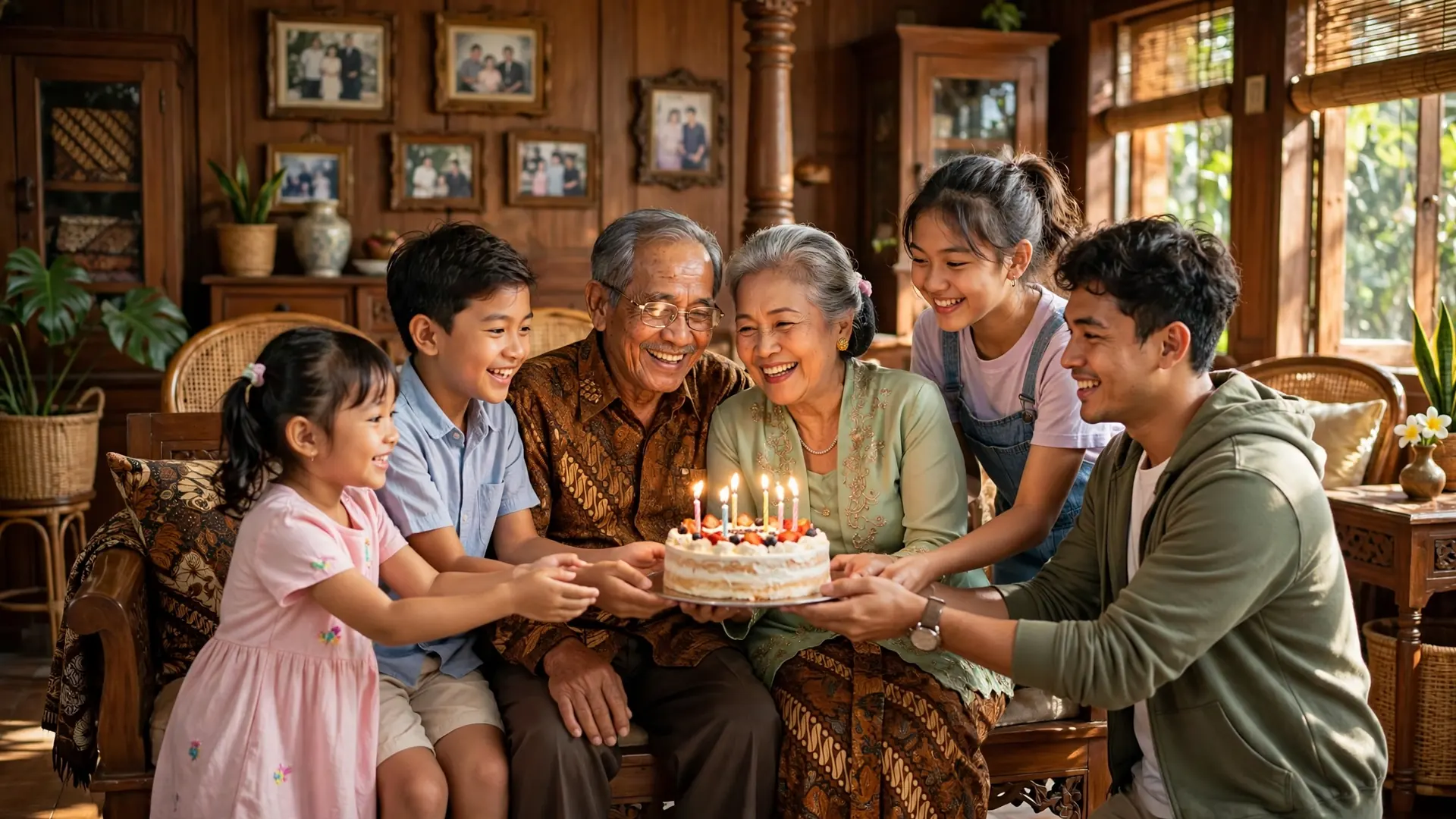 Cucu-cucu memberikan kue ulang tahun kepada nenek dan kakek tercinta