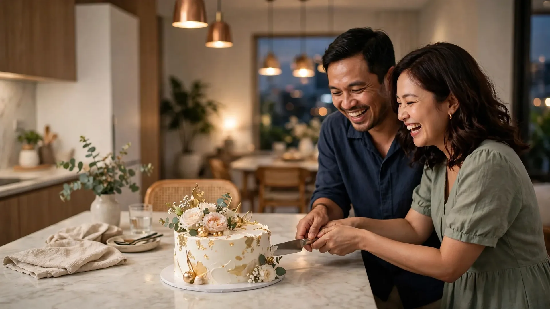 Pasangan suami istri memotong kue ulang tahun bersama di dapur rumah