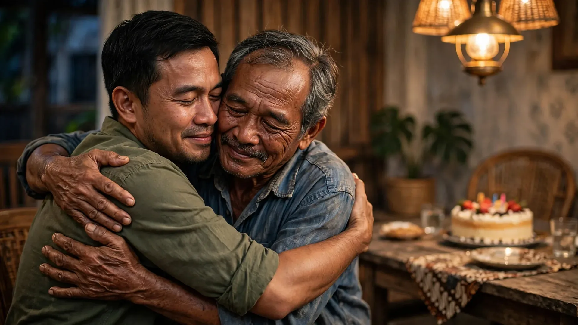 Anak memeluk ayahnya dengan haru sebagai terima kasih atas pengorbanannya