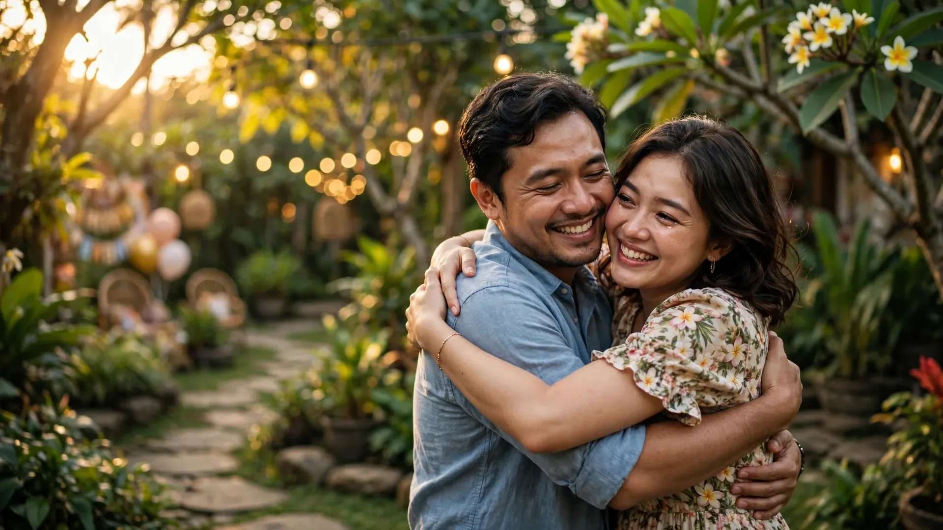 Adik perempuan memeluk kakak laki-lakinya dengan haru di hari ulang tahun