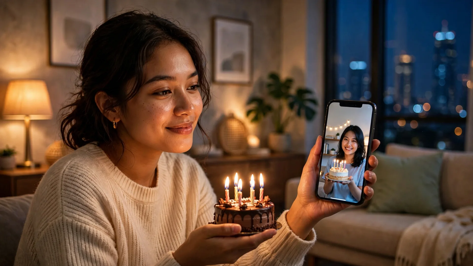 Sahabat merayakan ulang tahun lewat video call dengan kue kecil dari kejauhan