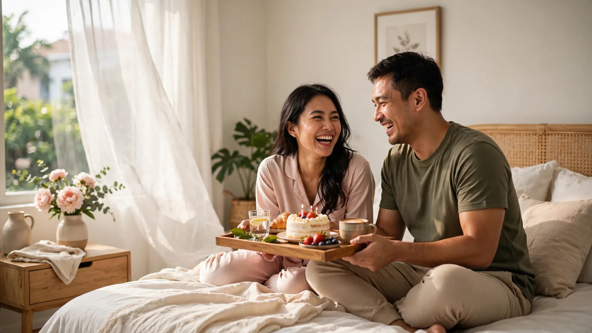 Suami memberikan sarapan dan kue ulang tahun untuk istri di tempat tidur
