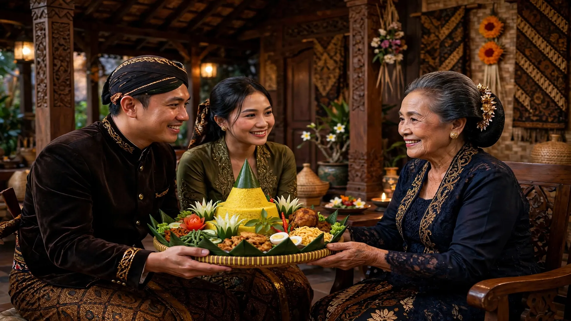 Perayaan ulang tahun adat Jawa Sugeng Ambal Warsa dengan tumpeng tradisional