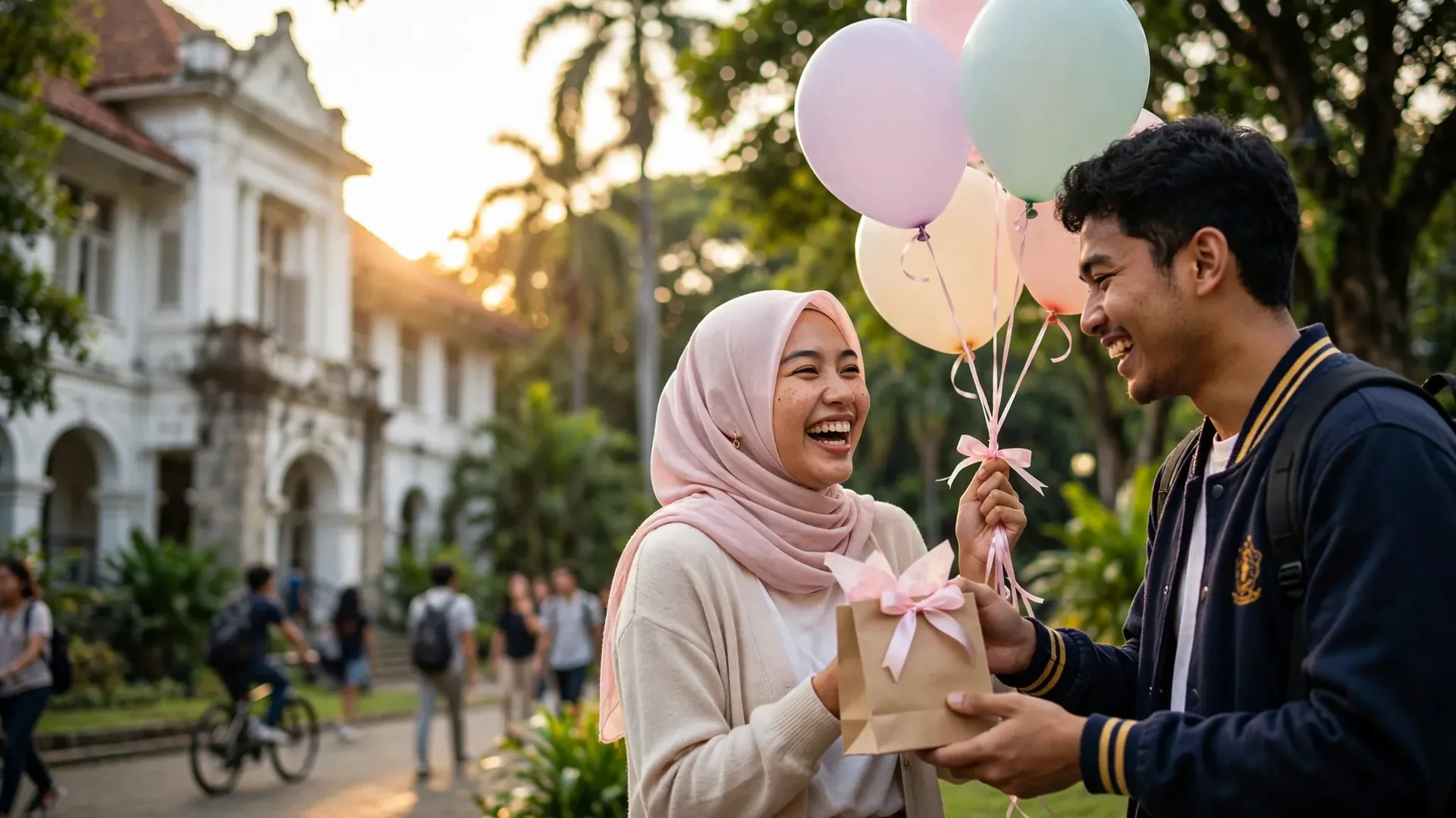 Mahasiswa memberikan balon ulang tahun kepada teman barunya di kampus