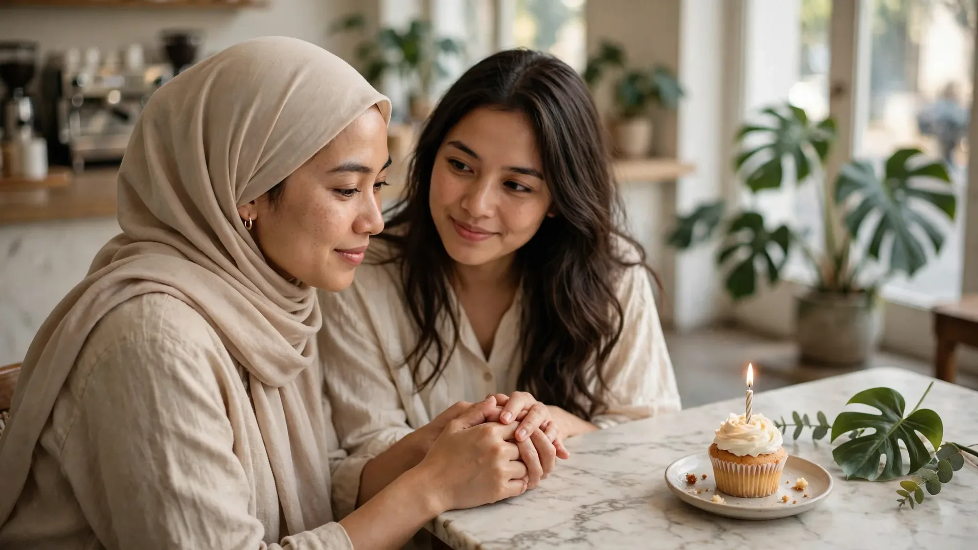 Dua sahabat perempuan berbincang hangat di kafe dengan cupcake berlilin