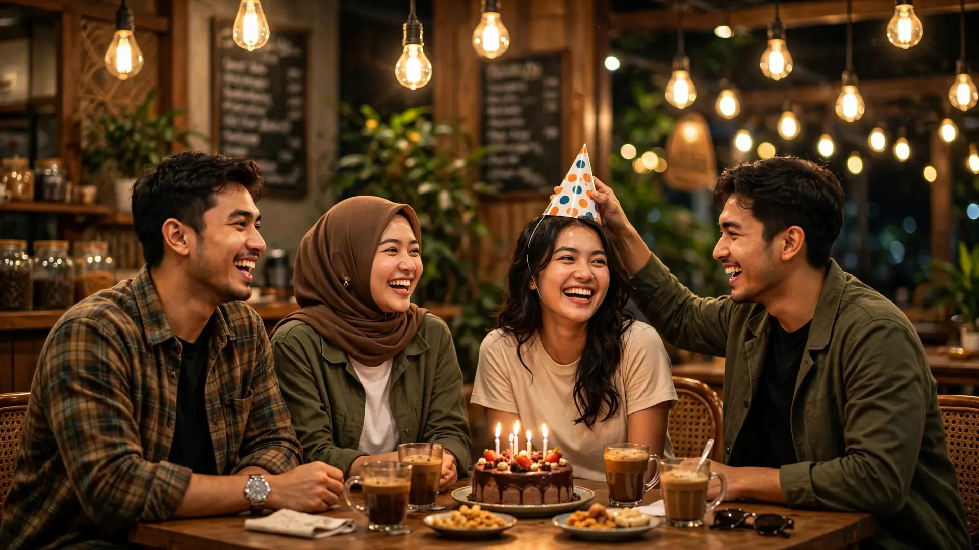 Sekelompok teman merayakan ulang tahun dengan kue dan balon di warung kopi